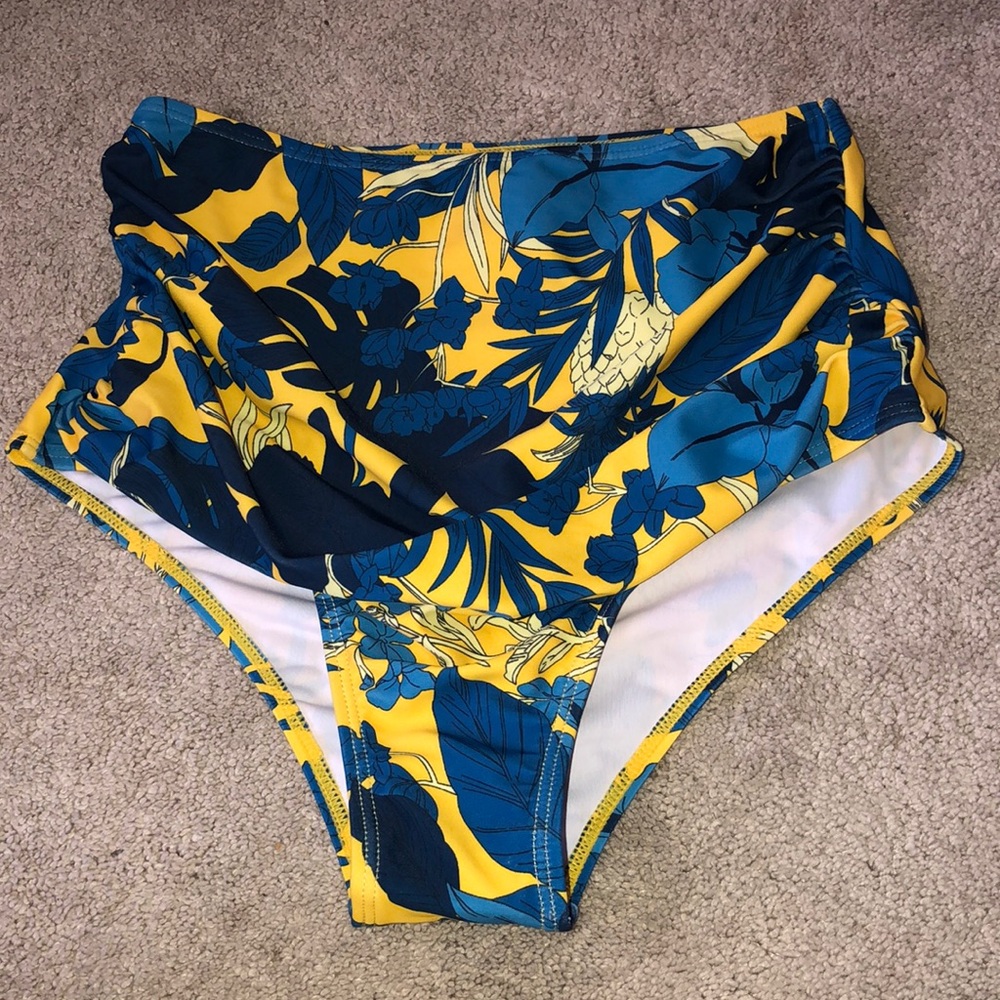 Peddney High Waisted Bikini Bottom Small Tropical Pineapple‎ Print Blue Yellow